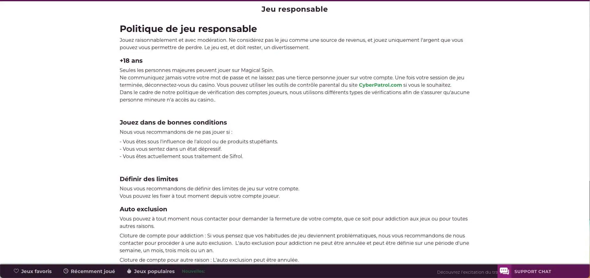 jeu responsable de magical spin casino